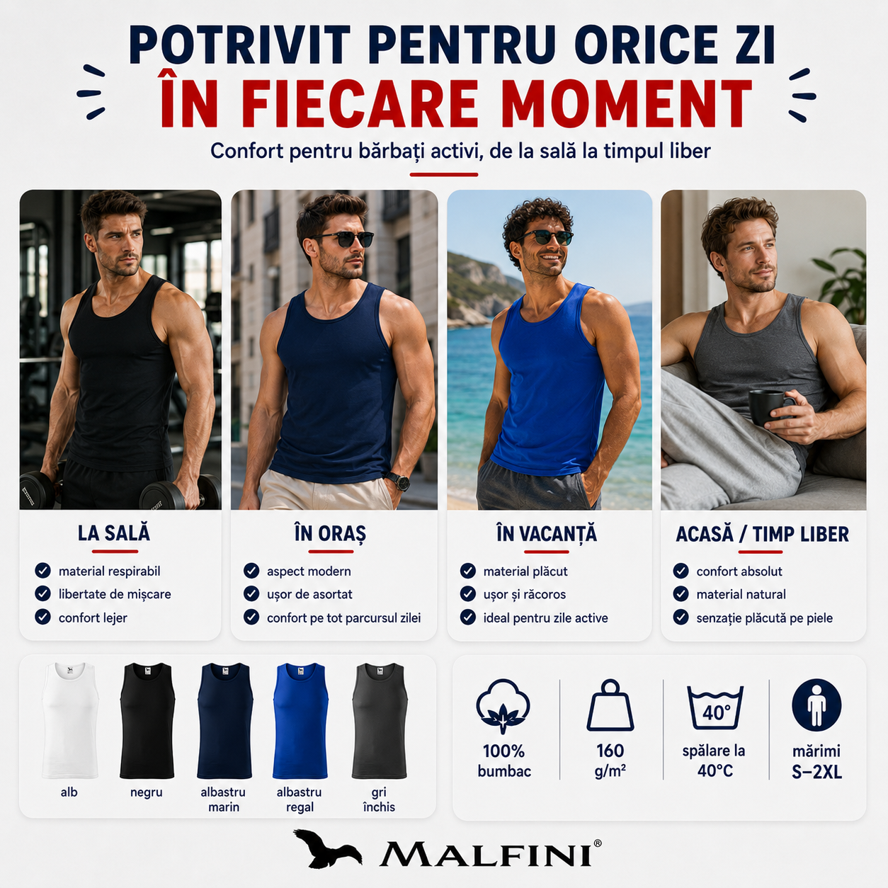Maiou bărbat Malfini Core 142 pentru look urban, vară, vacanță, sport și activități zilnice